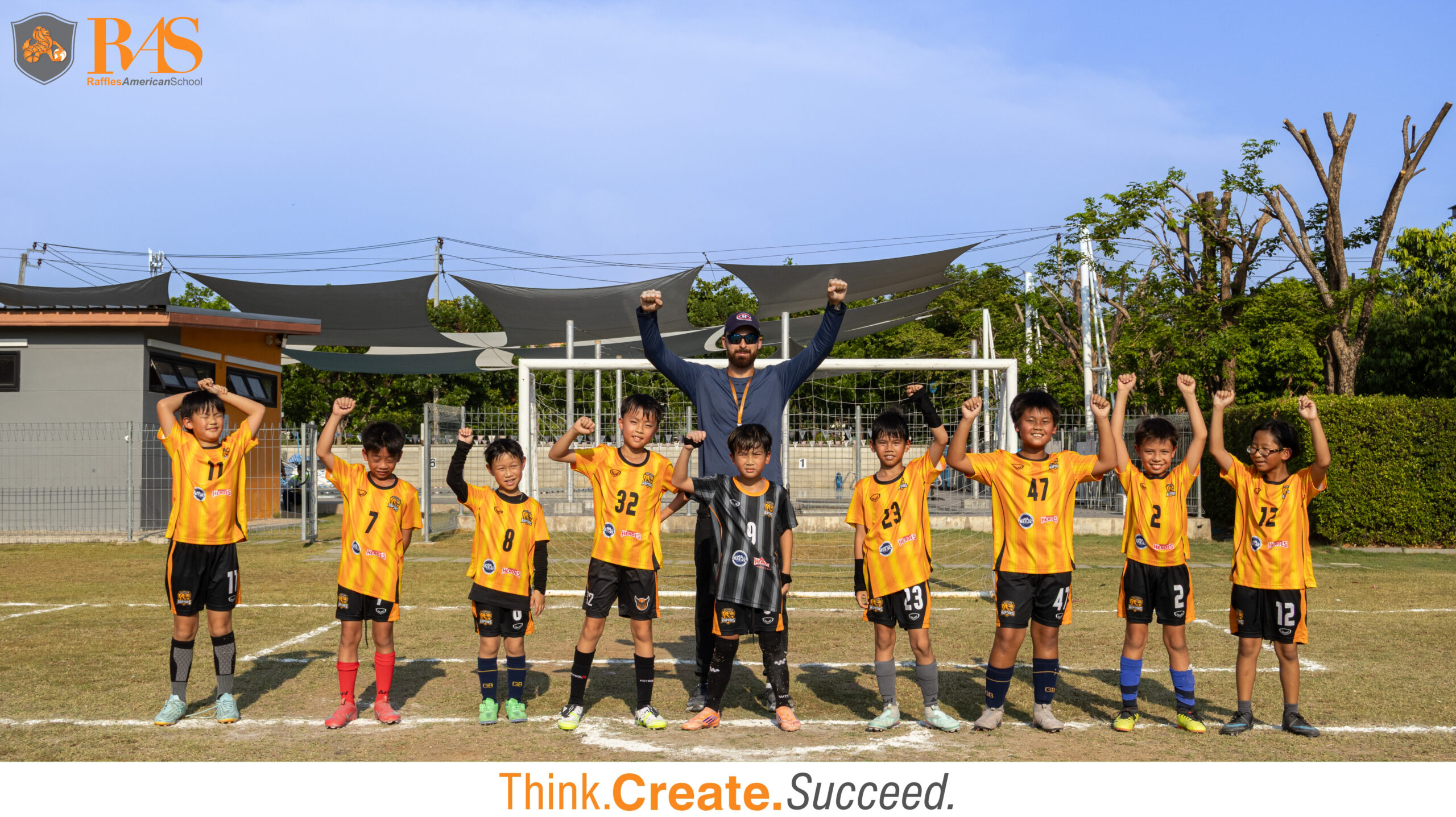 Raptors U9 team celebrating their championship win at the Bangna Super Cup Football Tournament 2026, Bangkok